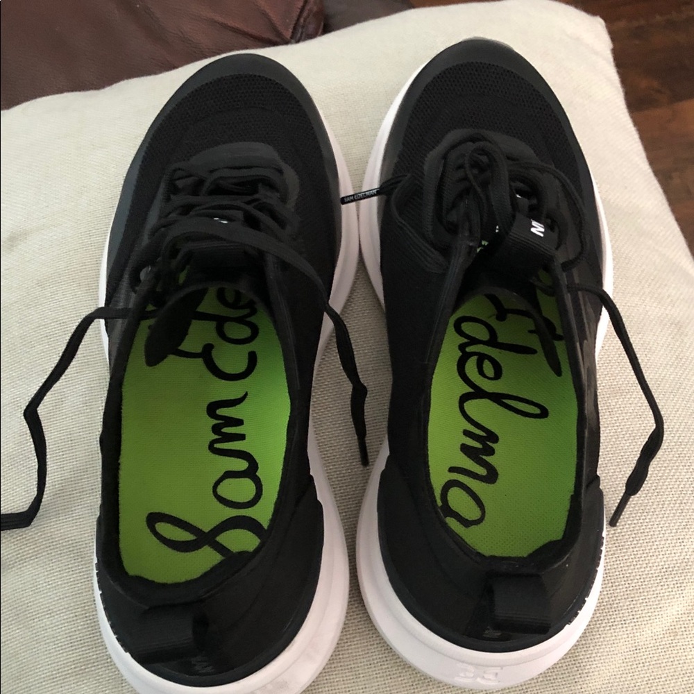 Sam Edelman Black and Lime Green Knit Slip-On Sneakers